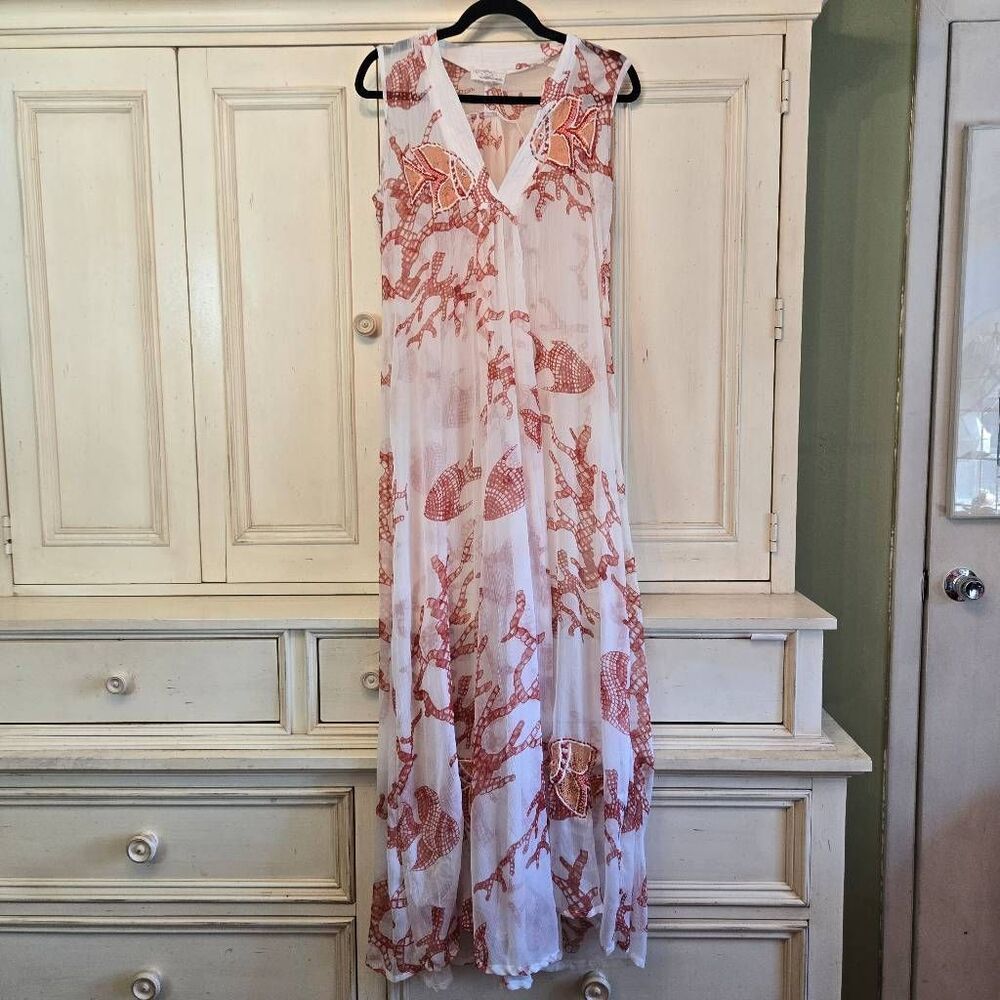 Antica Sartoria White Swim Coverup with Red Fish, Coral, Crochet & Embroidery OS